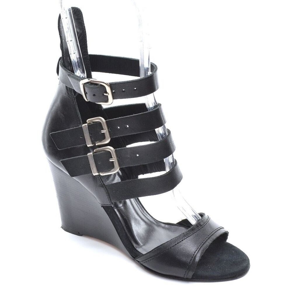 Maje Black Leather Buckle Wedge Gladiator Sandals 37